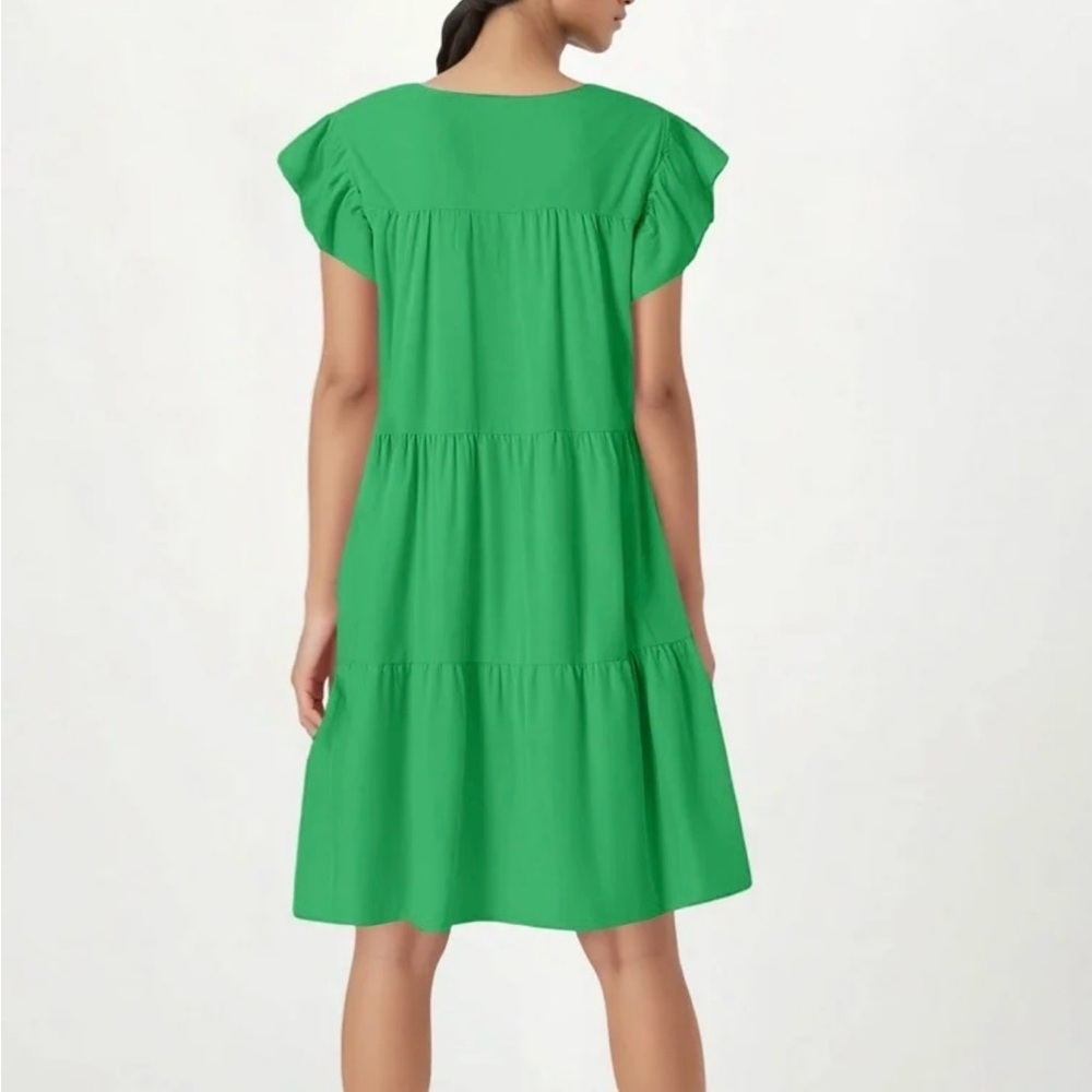 Ruffled Cap Sleeves, Tiered Loose Fit Swing Kelly Green Dress, Size M